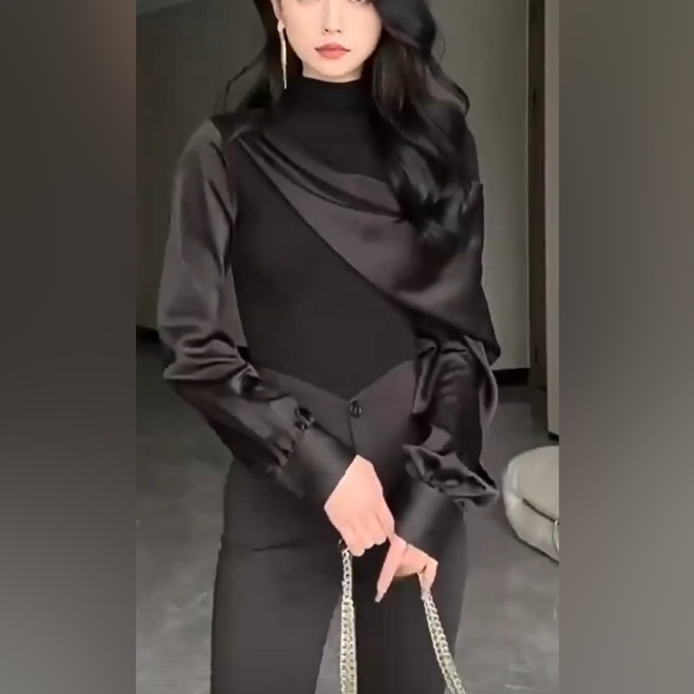 French Drape Elegant Black Satin Blouse